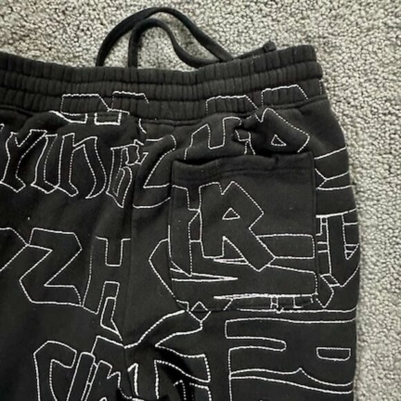 Black All Over Embroidered Stitched Graphic Messaging Drawstring Joggers -Size S - Picture 9 of 9